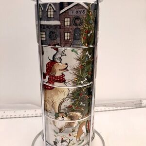 Pier One Stackable Ceramic Christmas Dogs Mugs Stainless Steel Mug Holder
